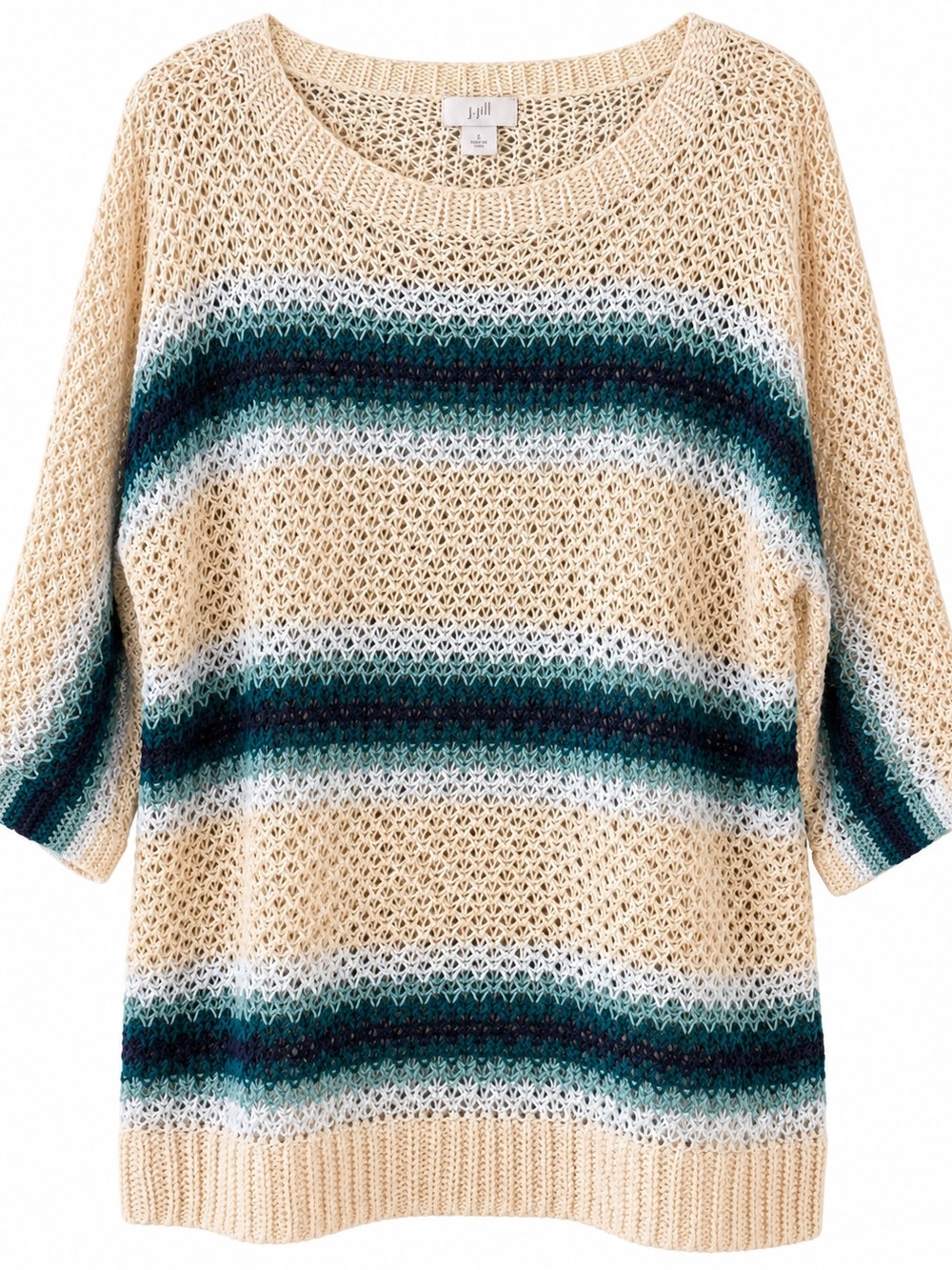 J.Jill Open Knit Striped Sweater Teal Navy Cream Coastal Boho Size M